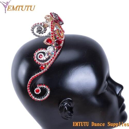 Women Ballet Competition Performance Professional Ballet Tiara Crown Red Rhinestones Classical Ballet Headpiece Handmade Girls