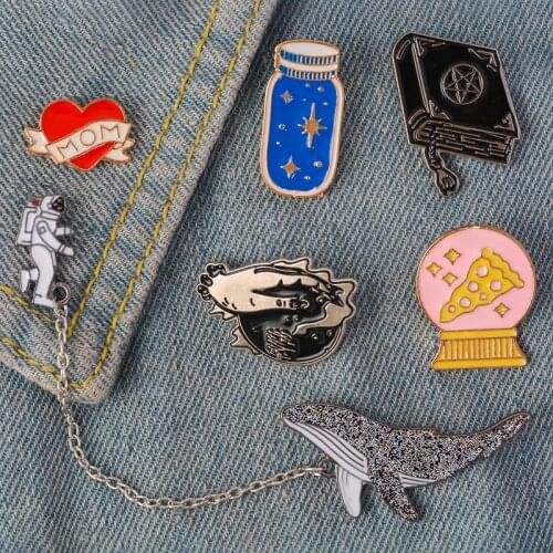 Pins collection ! Halloween Magic Book Hand Crystal Ball Blue Star Bottle Astronauts whale Mom Heart Shape Enamel Brooches Pins