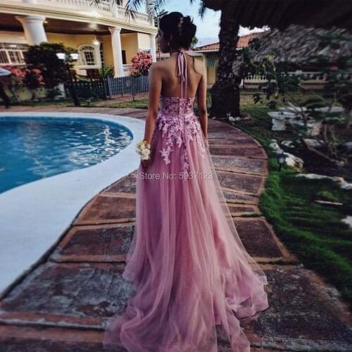 Colorful Charming Halter A Line Prom Dresses 2020 Off Shoulder Lace Up Backless Appliques Floor Length Prom Party Evening Gowns