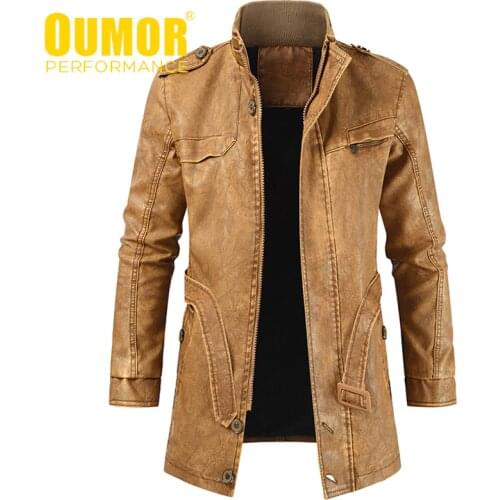 Oumor Men Winter New Casual Long Thick Fleece Leather Jacket Parkas Men Outfit Warm Vintage Pockets Faux Leather Jacket Coat Men