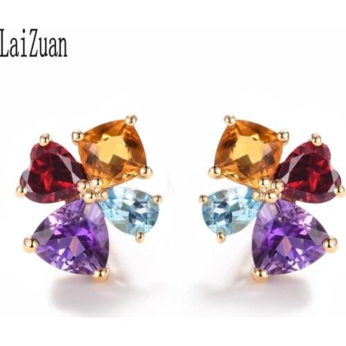 LaiZuan 2.2ct Genuine Natural Citrine, Garnet,sky Topaz blue,Amethyst Solid 14K Yellow Gold Stud Earrings Elegant Jewelry Gift