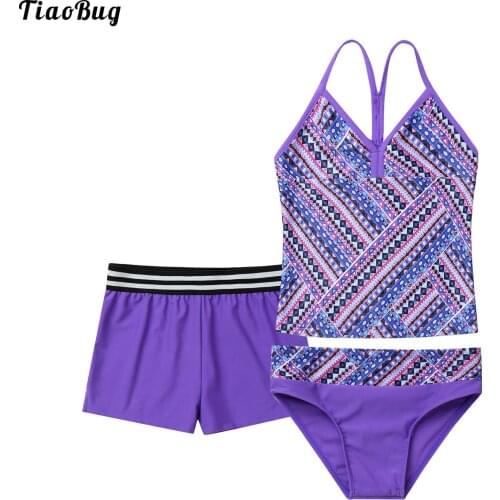 Summer 3Pcs Kids Girls Print Swimwear V Neck Spaghetti Straps Vest Top And Bottoms Boyshorts Briefs Set Beach Bikini Swimwear