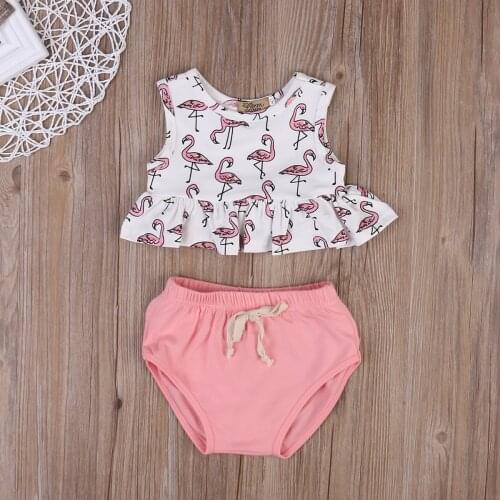 Fashion Newborn Toddler Baby Girl Sleeveless Flamingo Print Crop Top T-shirt Short Pants Two Piece Outfits Casual Clothes Summer