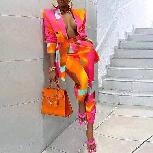 Office Outfits Fahsion Vintage Color Two Piece Ladies Sets OL Style Women Elegant Pattern Printed Blazer Tops & Long Cargo Pants