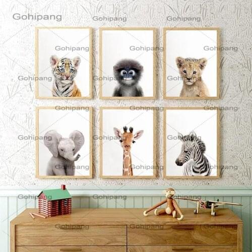 Toddler Animal Canvas Posters and Prints Tiger Lion Wall Art Elephant Giraffe Painting for Kids Room Orangutan Zebra Picture