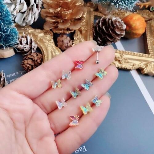 1Pcs INS Little Butterfly Stud Tragus Earring For Women Acrylic Rainbow Titanium Steel Screw Piercing Mid Low Helix Earring