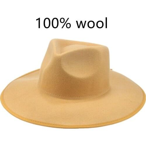 Women hat 100% wool big brim 9.5cm solid black grey hats fedora panama hat luxury soft outdoor dress formal hat sombrero hombre