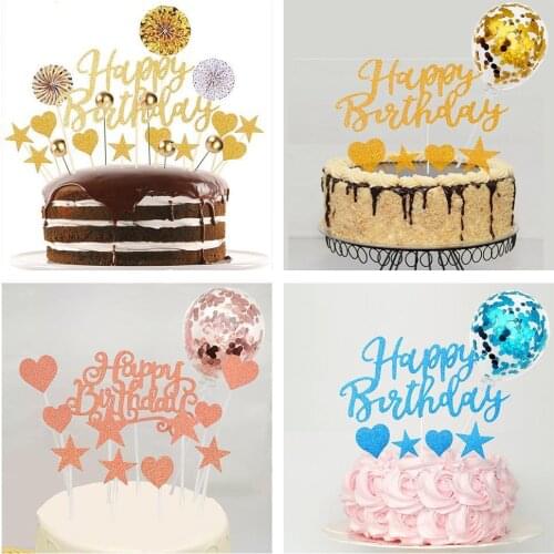 Happy Birthday Cake Topper Cake Toppers Gold Flash Decoration Decor Year Balloon Confetti Party Dessert Set New Home Q9I6