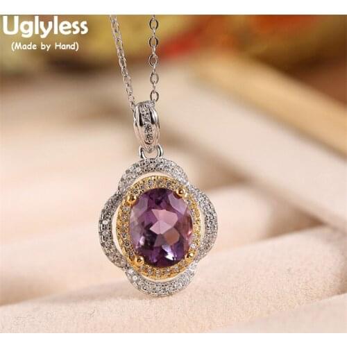 Uglyless Faceted Noble Purple Crystals Pendants for Women Hollow Zircons Clover Necklaces No Chains Real 925 Silver Dress Bijoux