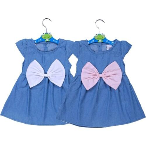 Solid Jean Baby Girls Denim Dress Summer Newborn Clothes Children baptism dresses Big Bowknot Infant Jeans Bowtie Girl Jumpers