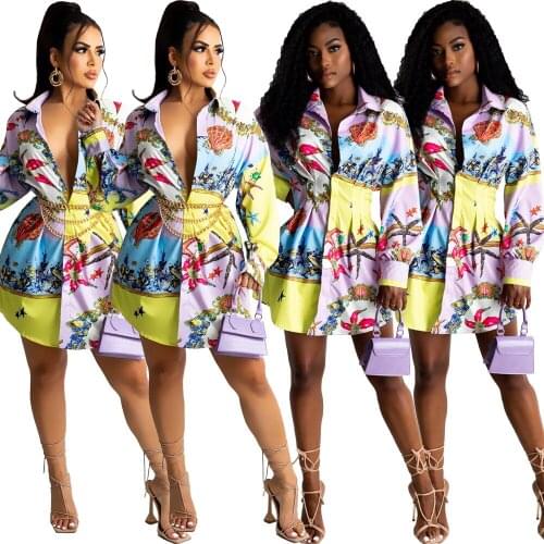 Starfish Print Women Autumn Shirt Mini Dress Long Sleeve Turn Down Collar Single Breasted Slim Fit Casual Dress S-XXL