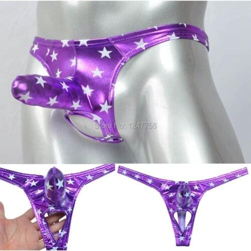 3Pcs/Lot Sexy Men Long Pouch Bikini Nuts Out Thong Ball Hole Faux Underwear Shiny Stars T-Back