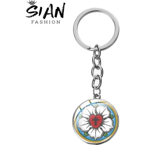 SIAN Keychain Lutheran Coat of Arms Pattern Glass Cabochon Keychain Trendy Metal Two Color Long Keyring Car Key Jewelry Pendant