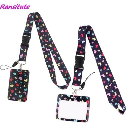 Ransitute R1995 Heart-shaped Buckle Lanyards ID Badge Holder Bus Pass Case Cover Slip Bank Credit Card Holder Strap Cardholder