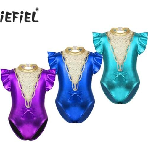 Kids Girls Metallic Sparkly Sequins Ballet Gymnastics Leotard Jumpsuit Children Flutter Sleeves Halloween Showman Dance Costume