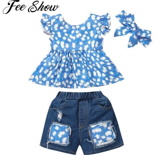 Cute Girls Clothes Sets Floral 2Pcs Kids Flying Sleeve T-shirts Top+Ripped Hole Denim Shorts Jeans Outfits for Girl Clothing