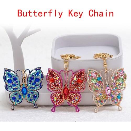 1pcs Fashion Ornaments Colorful Rhinestone Butterfly Keychain Alloy Craft Car Pendant Gift Lady Bag Key Ring