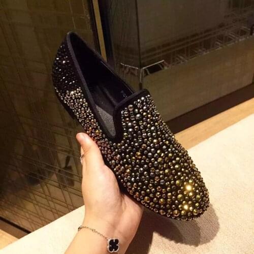 Gold Rhinestone Crystal Loafers Men Diamond Genuine Leather Males Flat for Wedding Dress Moccasins Casual Shoes Male Loafers