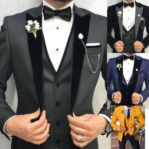 Men Mariage Black Peak Lapel Suits Jacket Trousers Waistcoat Male Business Casual Wedding Blazers Coat Vest Pants 3 Pieces Set