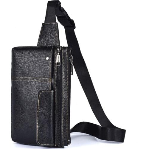 New Mens Head Layer Cowhide Chest Bag Sports Waist Bag Multi-function Mobile Phone Genuine Leather Satchel Bag Shoulder Bag