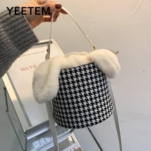Autumn Winter Plush Lined Small Female Bag Trend Wild Foreign Style Houndstooth Bucket Bag Shoulder Messenger Bag Student