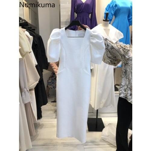 Nomikuma Elegant Slim Dresses Women Korean Square Collar Puff Short Sleeve Vestidos Femme High Waist Dresses 2021 New 6H315