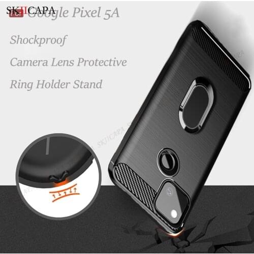 Soft Carbon Fiber Texture Brushed Phone Case For Google Pixel 5A 4A Pixel 5 4 XL Ring Holder Stand Shockproof Protective Cover