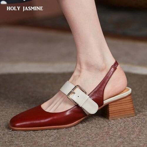 2021 New Women Sandals Genuine Leather Classic Ladies Shoes Summer Square Heels Square Toe Casual Shoes Mules Shoes Heels Women