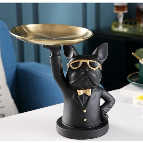 Resin Cool Dog Sculpture Bulldog Decorative Figurine Storage Tray Coin Bank Entrance Key Candy Snack Holder Modern Art Statue