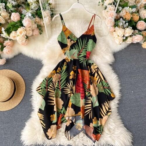 Teeuiear Boho v neck slim floral print Midi Dress spaghetti strap sexy Summer Party Women Casual irregular Beach holiday dress