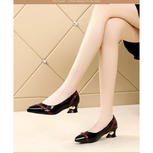 Women Rhinestone Buckle Boat Pumps Patent Leather Mid Heels Dress Shoes Square Toe Ladies Office Plus Size Shoes Zapatos Mujer