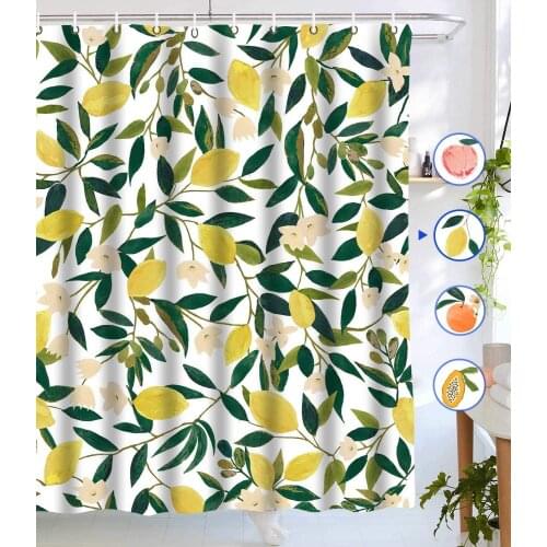 Lemon Fruits Shower Curtain Set with 12 Hooks Green Leaves Plant Design Waterproof Fabric Bathroom Green Yellow Peaches Oranges