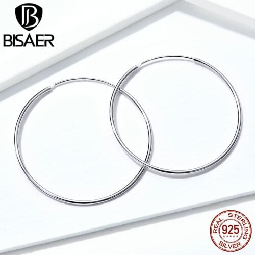 BISAER Big Earrings 925 Sterling Silver Big Round Circle Women Stud Earrings Hyperbole Simple Fashion Jewelry ECE598