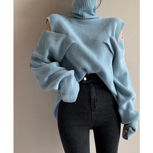2021 New Patchwork Buttons Womens Pullover Knitted Sweater Turtleneck Off Shoulder Long Sleeve Loose For Female Casual Sweaters