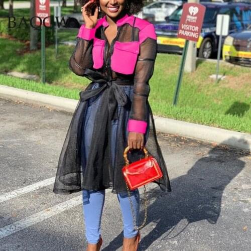 Color Block Fashion Mesh See Through Sexy Nightclub Long Sleeve Shirt Pocket Design Zipper Large Size Casual Dress with Belt