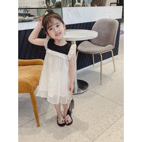 3-8 Years Girls Princess Gauze Dress 2 Colors Star Sequins Sleeveless Elegant O-neck Mesh Dresses New Summer Kids Beach Dress