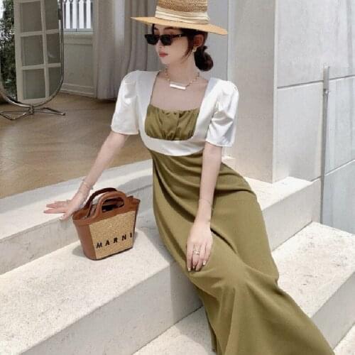 Summer French Vintage Dress For Women Patchwork Korean Casual Elegant Party Dress 2021 Short Sleeve Chic Slim Sweet Long Dresses