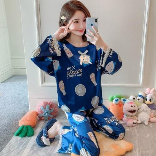 Chicnymph Autumn Silk Satin Pajamas Print Cartoon Round Neck Pyjamas Women Pijamas Long Sleeve Sleepwear 2 Pieces Sets Homewear