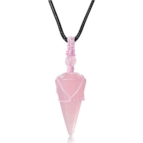 Ethnic Style Handmade Weave Hexagon Pyramid Rose Pink Quartz Pendant Rope Chain Necklace Tiger Eye Stone Jewelry