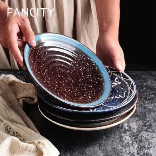 FANCITY Japanese 9-inch ceramic disc high foot black vegetable rice plate household snack flat plate simple retro cuisine plate