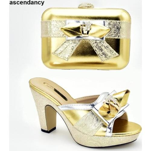 Gold Color African Matching Shoe and Bag Italian In Women Nigerian Shoes and Matching Bags High Quality Bag and Shoes Set Italy