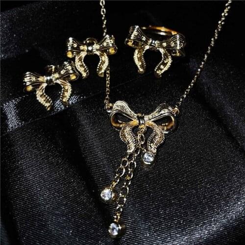 Dainty Bowknot Ring Earrings Pendant Necklace Sets Female Luxury Gold Color Jewelry Sets For Women Bridal Wedding Engagement Set