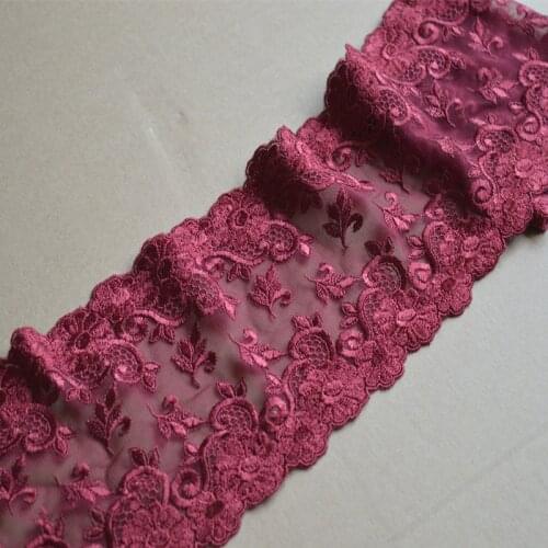 13YDS Lace Trim Dark Red Mesh Mirror Flower Embroidered Scalloped Tulle Lace 13cm Wide High Quality Wedding Skirt Garment