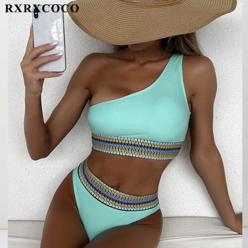 RXRXCOCO Swimwear Women Swimsuit 2021 Printed One Shoulder Bikini Set Retro Bathing Suit Beach Wear Biquini Swimsuit Female