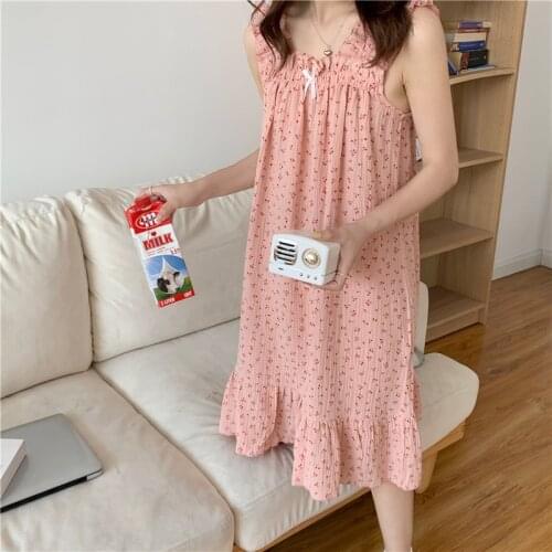 Summer spaghetti strap nightgowns women nightdress cherry print crepe cotton sleepwear sleeveless homedress sweet loose Y568