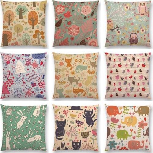 Cute Animals Elephant Owl Horse Rabbit Bits Pieces Flowers Forest Retro Christmas Colorful Cushion Cover Nice Pillow Case