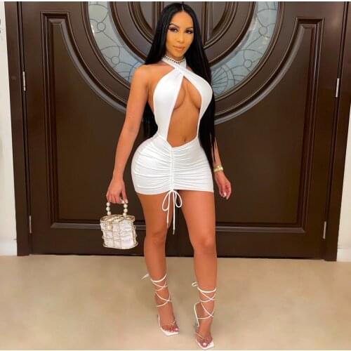 Fashion trend womens folds solid color halter halter sexy dress irregular skirt