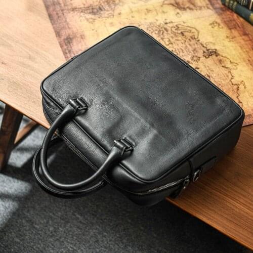 Retro simple mens genuine leather briefcase first layer leather large-capacity business computer bag horizontal casual handbag