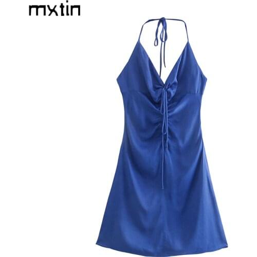 MXTIN 2021 Women Summer Fashion Solid Bow Tied Straps Folds Mini Dress Vintage V-Neck Sleeveless Backless Female Party Dresses