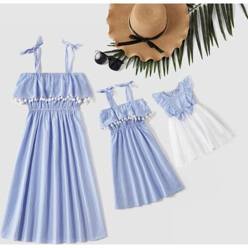 PatPat 2021 New Arrival Striped Ruffle Off-shoulder Dresses for Mommy and Me